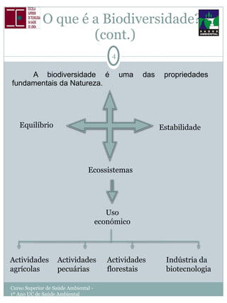 O que é a Biodiversidade?  (cont.) A biodiversidade é uma das propriedades fundamentais da Natureza. Curso Superior de Saúde Ambiental - 1º Ano UC de Saúde Ambiental Estabilidade Equilíbrio Ecossistemas Uso económico Actividades agrícolas Actividades pecuárias Indústria da biotecnologia Actividades florestais 
