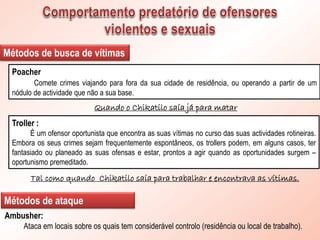 Métodos de busca de vítimas
Poacher
Comete crimes viajando para fora da sua cidade de residência, ou operando a partir de um
nódulo de actividade que não a sua base.
Quando o Chikatilo saía já para matar
Troller :
É um ofensor oportunista que encontra as suas vítimas no curso das suas actividades rotineiras.
Embora os seus crimes sejam frequentemente espontâneos, os trollers podem, em alguns casos, ter
fantasiado ou planeado as suas ofensas e estar, prontos a agir quando as oportunidades surgem –
oportunismo premeditado.
Tal como quando Chikatilo saía para trabalhar e encontrava as vítimas.
Métodos de ataque
Ambusher:
Ataca em locais sobre os quais tem considerável controlo (residência ou local de trabalho).
 
