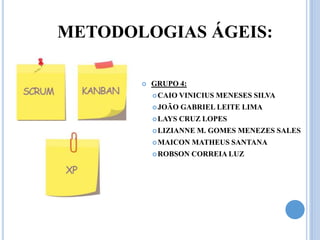 METODOLOGIAS ÁGEIS:
 GRUPO 4:
CAIO VINICIUS MENESES SILVA
JOÃO GABRIEL LEITE LIMA
LAYS CRUZ LOPES
LIZIANNE M. GOMES M...