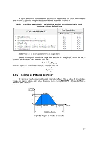 27
A seguir é mostrado os rendimentos isolados dos mecanismos das talhas. O rendimento
total da talha (Kt) é dado pelo produto dos rendimentos mostrados na tabela 7.
Tabela 7 – Motor de levantamento - Rendimentos isolados dos mecanismos de talhas
conforme catálogo do fabricante
b) Conhecendo-se o conjugado nominal da carga (Ccn):
Sendo o conjugado nominal da carga dado em Nm e a rotação (nC) dada em rps, a
potência requerida pela talha em kW é dada por:
Portanto a potência nominal do motor (Pn) em kW é dada por:
5.9.0 – Regime de trabalho do motor
O regime de trabalho de uma talha está mostrado na figura 16 e na tabela 8, é mostrada a
relação de regimes básicos para talhas de acordo com a norma NBR 9974 - Seleção de Motores
Elétricos para Elevação.
Figura 16 – Regime de trabalho de uma talha
 