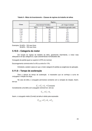 28
Tabela 8 – Motor de levantamento – Classes de regimes de trabalho de talhas
Exemplos: S3-40% - 150 man./hora
S4-60% - 150 man./hora
5.10.0 – Categoria do motor
Em função do regime de trabalho da talha, geralmente intermitente, o motor mais
adequado é do tipo categoria D, cujas características normalizadas são:
Conjugado de partida igual ou superior à 275% do nominal;
Escorregamento nominal entre 5 e 8% ou entre 8 e 13%.
Entretanto, existem casos em que o motor categoria N satisfaz as exigências da aplicação.
5.11.0 – Tempo de aceleração
Para o cálculo do tempo de aceleração é necessário que se conheça a curva de
conjugado x rotação da carga.
No caso de talha, o conjugado permanece constante com a variação da rotação. Assim,
tem-se:
Considerando uma talha com conjugado nominal Ccn, tem-se:
Assim, o conjugado médio (Ccméd) da talha é obtido pela expressão:
 