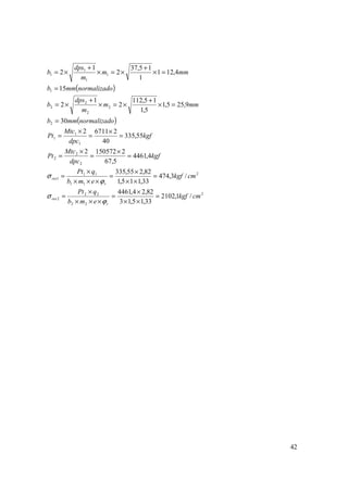 42
( )
( )
2
22
22
2
2
11
11
1
2
2
2
1
1
1
2
2
2
2
2
1
1
1
1
1
/1,2102
33,15,13
82,24,4461
/3,474
33,115,1
82,255,335
4,4461
5,67
21505722
55,335
40
267112
30
9,255,1
5,1
15,112
2
1
2
15
4,121
1
15,37
2
1
2
cmkgf
emb
qPt
cmkgf
emb
qPt
kgf
dpc
Mtc
Pt
kgf
dpc
Mtc
Pt
onormalizadmmb
mmm
m
dps
b
onormalizadmmb
mmm
m
dps
b
r
res
r
res
=
××
×
=
×××
×
=
=
××
×
=
×××
×
=
=
×
=
×
=
=
×
=
×
=
=
=×
+
×=×
+
×=
=
=×
+
×=×
+
×=
ϕ
σ
ϕ
σ
 