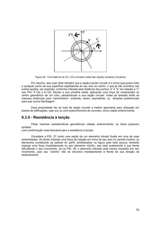 50
Figura 26 - Coincidência do CC, CG e simetria radial das seções tubulares circulares
Em resumo, isso quer dizer também que a seção tubular circular é a única que possui todo
e qualquer ponto de sua superfície eqüidistante do seu eixo ao centro; o que já não acontece nas
outras seções, por exemplo, conforme indicado pela distância dos pontos “a” e “b” em relação a “c”
nas FIG. 6.12a e 6.12b. Devido a sua simetria radial, aplicando uma força de compressão no
centro geométrico de um tubo, perpendicular a sua seção circular, todas as tensões terão as
mesmas distâncias para “caminharem”, evitando, assim, assimetrias, ou direções preferenciais
para que ocorra flambagem.
Essa propriedade faz do tubo de seção circular a melhor geometria para utilização em
pilares de edificações, seja oco ou com preenchimento de concreto, como citado anteriormente.
9.3.0 - Resistência à torção
Pelas mesmas características geométricas citadas anteriormente, os tubos possuem
também
uma conformação mais favorável para a resistência à torção.
Considere a FIG. 27 como uma seção de um elemento tubular fixada em uma de suas
extremidades. Ao tentar impingir uma força de rotação em torno de seu eixo no sentido horário, os
elementos constituinte da parede do perfil, simbolizados na figura pela bola escura, tentarão
impingir uma força imediatamente no seu elemento vizinho, que está exatamente à sua frente
dificultando o seu movimento. Já na FIG. 28, o elemento indicado está menos impedido em seu
movimento, pois seu “vizinho” não se encontra imediatamente à frente de sua direção de
deslocamento.
 