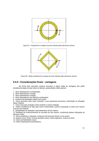 51
Figura 27 – Impedimento à rotação do ponto indicado pelos elementos vizinhos
Figura 28 – Relato impedimento à rotação do ponto indicado pelos elementos vizinhos
9.4.0 - Considerações finais - vantagens
De forma bem resumida, pode-se enumerar a seguir todas as vantagens dos perfis
tubulares de seção circular sobre os demais, apresentados neste capítulo:
1. ótimo desempenho à compressão;
2. ótimo desempenho à torção;
3. ótimo desempenho à tração;
4. ótimo desempenho aos esforços combinados;
5. ausência de flambagem lateral com torção;
6. menor perímetro para maior conteúdo, o que representa economia e otimização na utilização
desse material;
7. menor área para proteção contra incêndio e contra oxidação;
8. melhor resistência ao fogo pela menor massividade, quando comparado a outros com mesmo
consumo de material;
9. possibilidade de utilização e aproveitamento de seu interior;
10. facilidade de condicionamento do concreto em seu interior, constituindo pilares reforçados de
estrutura mista;
11. ótima resistência a impactos e empuxos (de fora para dentro e vice-versa);
12. aspecto visual “limpo” (menos poluição visual), menos agressivo, ameno ao olhar;
13. maior permeabilidade visual;
14. melhor desempenho aerodinâmico;
 
