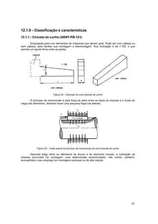61
12.1.0 - Classificação e características
12.1.1 - Chaveta de cunha (ABNT-PB-121)
Empregada para unir elementos de máquinas que devem girar. Pode ser com cabeça ou
sem cabeça, para facilitar sua montagem e desmontagem. Sua inclinação é de 1:100, o que
permite um ajuste firme entre as partes.
Figura 34 – Exemplo de uma chaveta de cunha
O princípio da transmissão é pela força de atrito entre as faces da chaveta e o fundo do
rasgo dos elementos, devendo haver uma pequena folga nas laterais.
Figura 35 – Visão lateral do princípio de transmissão de uma chaveta de cunha
Havendo folga entre os diâmetros da árvore e do elemento movido, a inclinação da
chaveta provocará na montagem uma determinada excentricidade, não sendo, portanto,
aconselhado o seu emprego em montagens precisas ou de alta rotação.
 