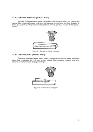 63
12.1.3 - Chaveta meia-cana (DIN 143 e 492)
Sua base é côncava (com o mesmo raio do eixo). Sua inclinação é de 1:100, com ou sem
cabeça. Não é necessário rasgo na árvore, pois transmite o movimento por efeito do atrito, de
forma que, quando o esforço no elemento conduzido é muito grande, a chaveta desliza sobre a
árvore.
Figura 39 – Exemplo de chaveta meia-cana
12.1.4 - Chaveta plana (DIN 142 e 491)
É similar à chaveta encaixada, tendo, porém, no lugar de um rasgo na árvore, um rebaixo
plano. Sua inclinação é de 1:100 com ou sem cabeça. Seu emprego é reduzido, pois serve
somente para a transmissão de pequenas forças.
Figura 40 – Exemplo de chaveta plana
 