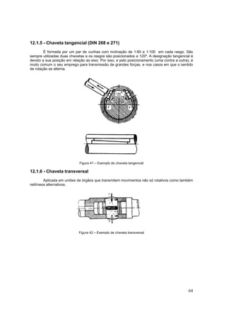 64
12.1.5 - Chaveta tangencial (DIN 268 e 271)
É formada por um par de cunhas com inclinação de 1:60 a 1:100 em cada rasgo. São
sempre utilizadas duas chavetas e os rasgos são posicionados a 120º. A designação tangencial é
devido a sua posição em relação ao eixo. Por isso, e pelo posicionamento (uma contra a outra), é
muito comum o seu emprego para transmissão de grandes forças, e nos casos em que o sentido
de rotação se alterna.
Figura 41 – Exemplo de chaveta tangencial
12.1.6 - Chaveta transversal
Aplicada em uniões de órgãos que transmitem movimentos não só rotativos como também
retilíneos alternativos.
Figura 42 – Exemplo de chaveta transversal
 