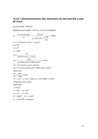 75
13.3.0 – Dimensionamento dos rolamentos do eixo sem-fim e roda
de coroa
Eixo de entrada – sem-fim1
Diâmetro do pé do dente = 33,5 mm = 35 mm (normalizado)
( )
( )
( )
( )
( )
revoluçõesL
kNPokNP
yoy
xox
e
SKF
oselecionadRolamento
kNFayFrxP
Fr
Fa
Rolamento
NsensenFa
fsensenFnFa
N
sen
Fn
fsen
Fr
Fn
f
fsenFnFr
N
Vt
entradadePot
Fr
6
10
3
3
10140
11,1;83,1
5,0;35,1
6,0;56,0
327,0
61907
:
83,1869,035,11,156,0
79,0
1100
869
869º1505,0º15º20cos3774
cos
3774
º15cos05,0º15º20cos
1100
coscos
05,0
º15
º20
coscos
1100
60
1140
105,33
102,2.
×=
==
==
==
=
=×+×=×+×=
==
=−××=
−××=
=
+×
=
+×
=
=
=
=
+××=
=
×××
×
==
−
λλα
λλα
λ
α
λλα
π
 