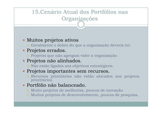 15.Cenário Atual dos Portfólios nas
Organizações

Muitos projetos ativos
Geralmente o dobro do que a organização deveria ter.

Projetos errados.
Projetos que não agregam valor a organização.

Projetos não alinhados.
Não estão ligados aos objetivos estratégicos.

Projetos importantes sem recursos.
Recursos prioritários não estão alocados aos projetos
prioritários.

Portfólio não balanceado.
Muito projetos de melhorias, poucos de inovação.
Muitos projetos de desenvolvimento, poucos de pesquisa.

 