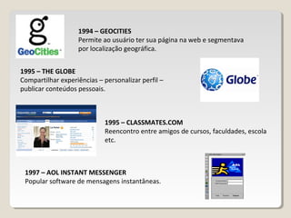 1994 – GEOCITIES
Permite ao usuário ter sua página na web e segmentava
por localização geográfica.
1997 – AOL INSTANT MESSENGER
Popular software de mensagens instantâneas.
1995 – THE GLOBE
Compartilhar experiências – personalizar perfil –
publicar conteúdos pessoais.
1995 – CLASSMATES.COM
Reencontro entre amigos de cursos, faculdades, escola
etc.
 