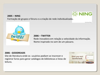 2005 – NING
Formação de grupos e fóruns e a criação de rede individualizada.
2006 – TWITTER
Rede inovadora em relação a velocidade da informação.
Nome inspirado no som de um pássaro.
2006 - GOODREADS
Site de literatura onde os usuários podiam se inscrever e
registrar livros para gerar catálogos de bibliotecas e listas de
leitura.
 