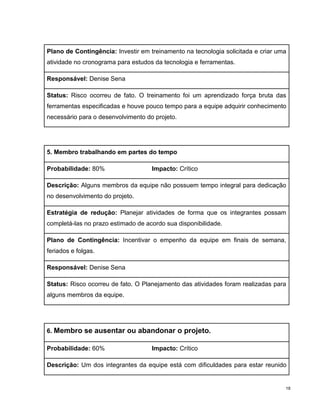 Plano de Contingência: Investir em treinamento na tecnologia solicitada e criar uma
atividade no cronograma para estudos da tecnologia e ferramentas.

Responsável: Denise Sena

Status: Risco ocorreu de fato. O treinamento foi um aprendizado força bruta das
ferramentas especificadas e houve pouco tempo para a equipe adquirir conhecimento
necessário para o desenvolvimento do projeto.




5. Membro trabalhando em partes do tempo

Probabilidade: 80%                  Impacto: Crítico

Descrição: Alguns membros da equipe não possuem tempo integral para dedicação
no desenvolvimento do projeto.

Estratégia de redução: Planejar atividades de forma que os integrantes possam
completá-las no prazo estimado de acordo sua disponibilidade.

Plano de Contingência: Incentivar o empenho da equipe em finais de semana,
feriados e folgas.

Responsável: Denise Sena

Status: Risco ocorreu de fato. O Planejamento das atividades foram realizadas para
alguns membros da equipe.




6. Membro se ausentar ou abandonar o projeto.

Probabilidade: 60%                  Impacto: Crítico

Descrição: Um dos integrantes da equipe está com dificuldades para estar reunido


                                                                                  18
 