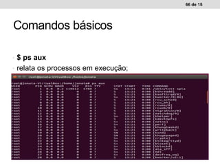• $ ps aux
• relata os processos em execução;
66 de 15
Comandos básicos
 