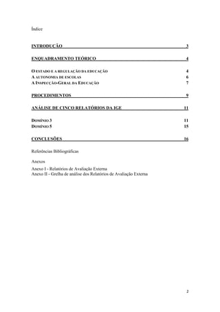 Índice

INTRODUÇÃO

3

ENQUADRAMENTO TEÓRICO

4

O ESTADO E A REGULAÇÃO DA EDUCAÇÃO
A AUTONOMIA DE ESCOLAS
A INSPECÇÃO-GERAL DA EDUCAÇÃO

4
6
7

PROCEDIMENTOS

9

ANÁLISE DE CINCO RELATÓRIOS DA IGE

11

DOMÍNIO 3
DOMÍNIO 5

11
15

CONCLUSÕES

16

Referências Bibliográficas
Anexos
Anexo I - Relatórios de Avaliação Externa
Anexo II - Grelha de análise dos Relatórios de Avaliação Externa

2

 