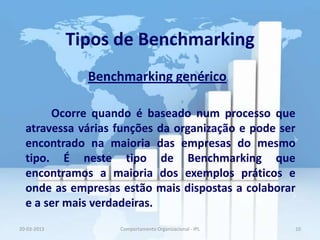 Tipos de Benchmarking
               Benchmarking genérico

       Ocorre quando é baseado num processo que
  atravessa várias funções da organização e pode ser
  encontrado na maioria das empresas do mesmo
  tipo. É neste tipo de Benchmarking que
  encontramos a maioria dos exemplos práticos e
  onde as empresas estão mais dispostas a colaborar
  e a ser mais verdadeiras.
20-03-2013         Comportamento Organizacional - IPL   10
 