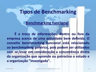 Tipos de Benchmarking
               Benchmarking funcional

      É a troca de informações, dentro ou fora da
 empresa acerca de uma actividade bem definida. O
 conceito benchmarking funcional está relacionado
 ao benchmarking genérico, pois podem ser utilizados
 sem se levar em consideração a concorrência direta
 da organização que aprende ou patrocina o estudo e
 a organização "investigada".
20-03-2013          Comportamento Organizacional - IPL   11
 
