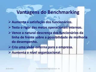 Vantagens do Benchmarking
    Aumenta a satisfação dos funcionários.
    Testa o rigor das metas operacionais internas.
    Vence a natural descrença dos funcionários da
     linha de frente sobre a possibilidade de melhoria
     do desempenho.
    Cria uma visão externa para a empresa.
    Aumenta o nível organizacional.



20-03-2013           Comportamento Organizacional - IPL   18
 
