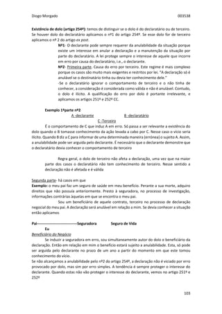 Diogo Morgado 003538
103
Existência de dolo (artigo 254º): temos de distinguir se o dolo é do declaratário ou de terceiro.
Se houver dolo do declaratário aplicamos o nº1 do artigo 254º. Se esse dolo for de terceiro
aplicamos o nº 2 do artigo ex post.
Nº1- O declarante pode sempre requerer da anulabilidade da situação porque
existe um interesse em anular a declaração e a manutenção da situação por
parte do declaratário. A lei protege sempre o interesse de aquele que incorre
em erro por causa do declaratário, i.e., o declarante.
Nº2- Primeira parte. Causa do erro por terceiro. Este regime é mais complexo
porque os casos são muito mais exigentes e restritos por lei. “A declaração só é
anulável se o destinatário tinha ou devia ter conhecimento dele.”
-Se o declaratário ignorar o comportamento de terceiro e o não tinha de
conhecer, a consideração é considerada como válida e não é anulável. Contudo,
o dolo é ilícito. A qualificação do erro por dolo é portante irrelevante, e
aplicamos os artigos 251º e 252º CC.
Exemplo 1ºparte nº2
A -declarante B -declaratário
C -Terceiro
É o comportamento de C que induz A em erro. Só passa a ser relevante a existência do
dolo quando o B tomasse conhecimento da ação levada a cabo por C. Nesse caso o vício seria
ilícito. Quando B diz a C para informar de uma determinada maneira (errónea) o sujeito A. Assim,
a anulabilidade pode ser arguida pelo declarante. É necessário que o declarante demonstre que
o declaratário devia conhecer o comportamento de terceiro
Regra geral, o dolo de terceiro não afeta a declaração, uma vez que na maior
parte dos casos o declaratário não tem conhecimento de terceiro. Nesse sentido a
declaração não é afetada e é válida
Segunda parte- há casos em que
Exemplo: o meu pai faz um seguro de saúde em meu benefício. Perante a sua morte, adquiro
direitos que não possuía anteriormente. Presto à seguradora, no processo de investigação,
informações contrárias àquelas em que se encontra o meu pai.
Sou um beneficiário de aquele contrato, terceiro no processo de declaração
negocial do meu pai. A declaração será anulável em relação a mim. Se devia conhecer a situação
então aplicamos
Pai--------------------------------Seguradora Seguro de Vida
Eu
Beneficiário do Negócio
Se induzir a seguradora em erro, sou simultaneamente autor do dolo e beneficiário da
declaração. Então em relação em mim o benefício estará sujeito a anulabilidade. Esta, só pode
ser arguida pelo declarante no prazo de um ano a partir do momento em que este tomou
conhecimento do vício.
Se não alcançamos a anulabilidade pelo nº2 do artigo 254º, a declaração não é viciado por erro
provocado por dolo, mas sim por erro simples. A tendência é sempre proteger o interesse do
declarante. Quando estas não vão proteger o interesse do declarante, vemos no artigo 251º e
252º
 