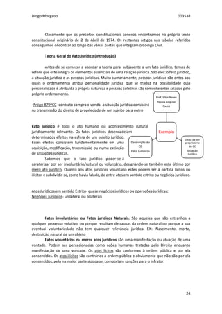 Diogo Morgado 003538
24
Claramente que os preceitos constitucionais conexos encontramos no próprio texto
constitucional originário de 2 de Abril de 1974. Os restantes artigos nas tabelas referidos
conseguimos encontrar ao longo das várias partes que integram o Código Civil.
Teoria Geral do Fato Jurídico (Introdução)
Antes de se começar a abordar a teoria geral subjacente a um fato jurídico, temos de
referir que este integra os elementos essenciais de uma relação jurídica. São eles: o fato jurídico,
a situação jurídica e as pessoas jurídicas. Muito sumariamente, pessoas jurídicas são entes aos
quais o ordenamento atribui personalidade jurídica que se traduz na possibilidade cuja
personalidade é atribuída à própria natureza e pessoas coletivas são somente entes criados pelo
próprio ordenamento.
-Artigo 879ºCC- contrato compra e venda- a situação jurídica consistirá
na transmissão do direito de propriedade de um sujeito para outro
Fato jurídico é todo o ato humano ou acontecimento natural
juridicamente relevante. Os fatos jurídicos desencadeiam
determinados efeitos na esfera de um sujeito jurídico.
Esses efeitos consistem fundamentalmente em uma
aquisição, modificação, transmissão ou numa extinção
de situações jurídicas.
Sabemos que o fato jurídico poder-se-á
caraterizar por ser involuntário/natural ou voluntário, designando-se também este último por
mero ato jurídico. Quanto aos atos jurídicos voluntário estes podem ser à partida lícitos ou
ilícitos e subdividir-se, como havia falado, de entre atos em sentido estrito ou negócios jurídicos.
Atos Jurídicos em sentido Estrito- quase negócios jurídicos ou operações jurídicas;
Negócios Jurídicos- unilateral ou bilaterais
Fatos involuntários ou Fatos jurídicos Naturais. São aqueles que são estranhos a
qualquer processo volutivo, ou porque resultam de causas da ordem natural ou porque a sua
eventual voluntariedade não tem qualquer relevância jurídica. EX:. Nascimento, morte,
destruição natural de um objeto
Fatos voluntários ou meros atos jurídicos são uma manifestação ou atuação de uma
vontade. Podem ser percecionadas como ações humanas tratadas pelo Direito enquanto
manifestação de uma vontade. Os atos lícitos são conformes à ordem pública e por ela
consentidos. Os atos ilícitos são contrários à ordem pública e obviamente que não são por ela
consentidos, pelo na maior parte dos casos comportam sanções para o infrator.
Exemplo
Prof. Vítor Neves
Pessoa Singular
Causa
Deixa de ser
proprietário
do CC
Situação
Jurídica
Destruição do
CC
Fato Jurídicos
 