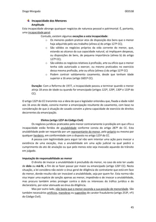 Diogo Morgado 003538
45
Incapacidade dos Menores
Amplitude
Esta incapacidade abrange quaisquer negócios de natureza pessoal e patrimonial. É, portanto,
uma incapacidade geral.
Contudo, existem algumas exceções a esta incapacidade:
o Os menores podem praticar atos de disposição dos bens que o menor
haja adquirido pelo seu trabalho (alínea a) do artigo 127º CC);
o São válidos os negócios próprios da vida corrente do menor, que,
estando ao alcance da sua capacidade natural, só impliquem despesas,
ou disposições de bens, de pequena importância (alínea b) do artigo
127º CC);
o São válidos os negócios relativos à profissão, arte ou ofício que o menor
tenha sido autorizado a exercer, ou mesmo praticados no exercício
dessa mesma profissão, arte ou ofício (alínea c) do artigo 127º CC)
o Podem contrair validamento casamento, desde que tenham idade
superior a 16 anos (artigo 1601º CC).
Duração- Com a Reforma de 1977, a incapacidade passou a terminar quando o menor
atinja 18 anos de idade ou quando for emancipado (artigos 122º, 129º, 130º e 133º do
CC).
O artigo 132º do CC transmite-nos a ideia de que o legislador entendeu que, fixada a idade núbil
aos 16 anos de idade, conviria manter a emancipação resultante do casamento, com base na
consideração de que à situação de casado convém a plena capacidade de exercício de direitos
decorrentes da emancipação.
Efeitos (artigo 125º do Código Civil)
Os negócios jurídicos praticados pelo menor contrariamente à proibição em que cifra a
incapacidade estão feridos de anulabilidade conforme consta do artigo 287º do CC. Esta
anulabilidade pode ser requerida por um representante do menor, pelo próprio ou mesmo por
qualquer herdeiro, em conformidade com o disposto no artigo 125º do CC.
A pessoa com legitimidade para arguir tal não vem intentar uma ação para invocar a
existência de uma exceção, mas a anulabilidade em uma ação judicial na qual pedirá o
cumprimento do ato de anulação ou que pelo menos este seja invocado aquando do trânsito
em julgado.
Imputação de responsabilidade ao menor
O direito de invocar a anulabilidade é precludido do menor, no caso de este ter usado
de dolo ou má-fé, a fim de se fazer passar por maior ou emancipado (artigo 126º CC). Nesta
situação, a lei considera não existir o ónus geral de diligência do contratante que está em face
do menor, donde resulta não ser invocável a anulabilidade, seja por quem for. Esta norma não
visa impor uma espécie de sanção apenas ao menor, impedindo-o de invocar a anulabilidade,
mas procura também antes proteger contra o dolo os interesses do tráfico jurídico e do
declaratário, por estar atenuado ao ónus da diligência.
Mas por outro lado, não basta que o menor esconda a sua posição de menoridade. São
também necessários artifícios, manobras ou sugestões de carater fraudulento (artigo 253º, nº1
do Código Civil).
 