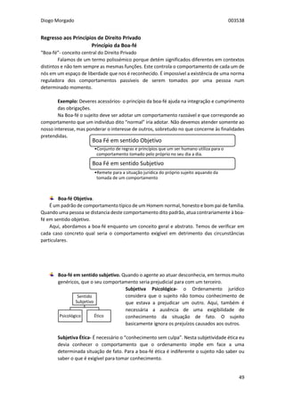 Diogo Morgado 003538
49
Regresso aos Princípios de Direito Privado
Princípio da Boa-fé
“Boa-fé”- conceito central do Direito Privado
Falamos de um termo polissémico porque detém significados diferentes em contextos
distintos e não tem sempre as mesmas funções. Este controla o comportamento de cada um de
nós em um espaço de liberdade que nos é reconhecido. É impossível a existência de uma norma
reguladora dos comportamentos passíveis de serem tomados por uma pessoa num
determinado momento.
Exemplo: Deveres acessórios- o princípio da boa-fé ajuda na integração e cumprimento
das obrigações.
Na Boa-fé o sujeito deve ser adotar um comportamento razoável e que corresponde ao
comportamento que um indivíduo dito “normal” iria adotar. Não devemos atender somente ao
nosso interesse, mas ponderar o interesse de outros, sobretudo no que concerne às finalidades
pretendidas.
Boa-fé Objetiva.
É um padrão de comportamento típico de um Homem normal, honesto e bom pai de família.
Quando uma pessoa se distancia deste comportamento dito padrão, atua contrariamente à boa-
fé em sentido objetivo.
Aqui, abordamos a boa-fé enquanto um conceito geral e abstrato. Temos de verificar em
cada caso concreto qual seria o comportamento exigível em detrimento das circunstâncias
particulares.
Boa-fé em sentido subjetivo. Quando o agente ao atuar desconhecia, em termos muito
genéricos, que o seu comportamento seria prejudicial para com um terceiro.
Subjetiva Psicológica- o Ordenamento jurídico
considera que o sujeito não tomou conhecimento de
que estava a prejudicar um outro. Aqui, também é
necessária a ausência de uma exigibilidade de
conhecimento da situação de fato. O sujeito
basicamente ignora os prejuízos causados aos outros.
Subjetiva Ética- É necessário o “conhecimento sem culpa”. Nesta subjetividade ética eu
devia conhecer o comportamento que o ordenamento impõe em face a uma
determinada situação de fato. Para a boa-fé ética é indiferente o sujeito não saber ou
saber o que é exigível para tomar conhecimento.
Boa Fé em sentido Objetivo
•Conjunto de regras e princípios que um ser humano utiliza para o
comportamento tomado pelo próprio no seu dia a dia.
Boa Fé em sentido Subjetivo
•Remete para a situação jurídica do próprio sujeito aquando da
tomada de um comportamento
Sentido
Subjetivo
Psicológico Ético
 