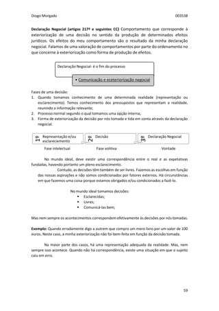 Diogo Morgado 003538
59
Declaração Negocial (artigos 217º e seguintes CC) Comportamento que corresponde à
exteriorização de uma decisão no sentido da produção de determinados efeitos
jurídicos. Os efeitos do meu comportamento são o resultado da minha declaração
negocial. Falamos de uma valoração de comportamentos por parte do ordenamento no
que concerne à exteriorização como forma de produção de efeitos.
Fases de uma decisão:
1. Quando tomamos conhecimento de uma determinada realidade (representação ou
esclarecimento). Temos conhecimento dos pressupostos que representam a realidade,
reunindo a informação relevante;
2. Processo normal segundo o qual tomamos uma opção interna;
3. Forma de exteriorização da decisão por nós tomada e tida em conta através da declaração
negocial.
Fase intelectual Fase volitiva Vontade
No mundo ideal, deve existir uma correspondência entre o real e as expetativas
fundadas, havendo portanto um pleno esclarecimento.
Contudo, as decisões têm também de ser livres. Fazemos as escolhas em função
das nossas aspirações e não somos condicionados por fatores externos. Há circunstâncias
em que fazemos uma coisa porque estamos obrigados e/ou condicionados a fazê-lo.
No mundo ideal tomamos decisões:
 Esclarecidas;
 Livres;
 Comunicá-las bem;
Mas nem sempre os acontecimentos correspondem efetivamente às decisões por nós tomadas.
Exemplo: Quando erradamente digo a outrem que compro um mero livro por um valor de 100
euros. Neste caso, a minha exteriorização não foi bem-feita em função da decisão tomada.
Na maior parte dos casos, há uma representação adequada da realidade. Mas, nem
sempre isso acontece. Quando não há correspondência, existe uma situação em que o sujeito
caiu em erro.
1º
Representação e/ou
esclareciemento
2º
Decisão
3º
Declaração Negocial
Declaração Negocial- é o fim do processo
• Comunicação e eceteriorização negocial
 
