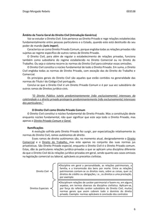 Diogo Morgado Rebelo 003538
6
Âmbito da Teoria Geral do Direito Civil (Introdução Genérica)
Vai-se estudar o Direito Civil. Este pertence ao Direito Privado e rege relações estabelecidas
fundamentalmente entre pessoas particulares e o Estado, quando este está destituído do seu
poder de mando (iuris imperi).
Caracteriza-se como Direito Privado Comum, porque engloba todas as relações privadas não
sujeitas ao regime específico de outros ramos de Direito Privado.
O Direito Civil, para além de regular o estabelecimento de relações privadas, funciona
também como subsidiário do regime estabelecido no Direito Comercial ou no Direito do
Trabalho. Ou seja o sistema recorre às normas do Direito Civil para colmatar essas omissões.
O Direito Civil constitui o núcleo fundamental de todo o Direito Privado. Em suma, o Direito
Civil engloba todas as normas de Direito Privado, com exceção das do Direito do Trabalho e
Comercial.
Os princípios gerais do Direito Civil são aqueles que estão contidos na generalidade das
normas do Título I do Código Civil português.
Conclui-se que o Direito Civil é um Direito Privado Comum e é por sua vez subsidiário de
outros ramos de Direitos jurídico-civis.
“O Direito Público tutela predominantemente (não exclusivamente) interesses da
coletividade e o direito privado protegeria predominantemente (não exclusivamente) interesses
dos particulares.”
O Direito Civil como Direito Privado Comum
O Direito Civil constitui o núcleo fundamental do Direito Privado. Mas a constituição deste
enquanto núcleo fundamental, não quer significar que este seja todo o Direito Privado, mas
apenas o Direito Privado Comum e Geral.
Ramificações
A evolução sofrida pelo Direito Privado fez surgir, por especialização relativamente às
normas do Direito Civil, ramos autónomos de direito.
Esses ramos de direito autónomos são, no momento atual, designadamente o Direito
Comercial e o Direito do Trabalho, mas este apenas no conjunto das suas normas jus
privatísticas. São Direito Privado especial, enquanto o Direito Civil é o Direito Privado comum.
Estas, dão às particulares relações jurídico-privadas a que se aplicam uma disciplina diferente
da que o Direito Civil dá às relações jurídico-privadas em geral, sendo quanto aos casos omissos
na legislação comercial ou laboral, aplicáveis os preceitos civilistas.
Direito Civil
•Disciplina em geral a personalidade, as relações patrimoniais, a
família, e a transmissão dos bens por morte. Entre as relações
patrimoniais contam-se os direitos reais, sobre as coisas, quer os
direitos de crédito ou obrigações, i.e., os direitos a uma prestação,
por exemplo
Direitos Especiais
•Disciplinam relações de caráter patrimonial e fazem-no, em alguns
aspetos, em termos diversos da disciplina civilística. Aplicam-se,
por força do referido caráter subsidiário do Direito Civil, muitas
normas gerais que assim cobrem todo o domínio do direito
privado. Exemplo: normas aplicáveis à conclusão dos contratos
 