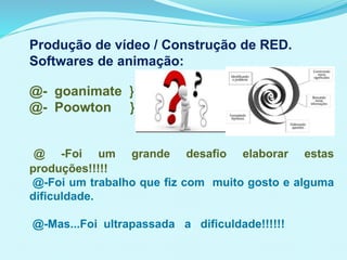 Produção de vídeo / Construção de RED.
Softwares de animação:
@- goanimate }
@- Poowton }
@ -Foi um grande desafio elaborar estas
produções!!!!!
@-Foi um trabalho que fiz com muito gosto e alguma
dificuldade.
@-Mas...Foi ultrapassada a dificuldade!!!!!!
 