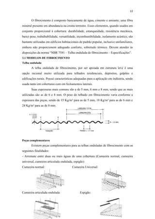 12


       O fibrocimento é composto basicamente de água, cimento e amianto, uma fibra
mineral presente em abundancia na crosta terrestre. Esses elementos, quando usados em
conjunto proporcional à cobertura: durabilidade, estanqueidade, resistência mecânica,
baixo peso, trabalhabilidade, versatilidade, incombustibilidade, isolamento acústico, são
bastante utilizadas em edifícios habitacionais de padrão popular, inclusive unifamiliares,
embora não proporcionem adequado conforto, sobretudo térmico. Devem atender às
disposições da norma “NBR 7581 – Telha ondulada de fibrocimento – Especificações”.
3.1 MODELOS DE FIBROCIMENTO
Telha ondulada
       A telha ondulada de fibrocimento, por ser apoiada em estrutura leve é uma
opção racional muito utilizada para telhados residenciais, depósitos, galpões e
edificações rurais. Possui características adequadas para a aplicação em indústria, sendo
usada tanto em coberturas com em fechamentos laterais.
       Suas espessuras mais comuns são a de 5 mm, 6 mm e 8 mm, sendo que as mais
utilizadas são as de 6 e 8 mm. O peso do telhado em fibrocimento varia conforme a
espessura das peças, sendo de 15 Kg/m² para as de 5 mm, 18 Kg/m² para as de 6 mm e
24 Kg/m² para as de 8 mm.




Peças complementares
       Existem peças complementares para as telhas onduladas de fibrocimento com as
seguintes finalidades:
- Arremate entre duas ou mais águas de uma cobertura (Cumeeira normal, cumeeira
universal, cumeeira articulada ondulada, espigão)
Cumeeira normal:                        Cumeeira Universal:




Cumeeira articulada ondulada:                  Espigão:
 