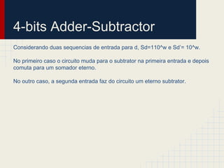 Considerando duas sequencias de entrada para d, Sd=110^w e Sd’= 10^w.
No primeiro caso o circuito muda para o subtrator na primeira entrada e depois
comuta para um somador eterno.
No outro caso, a segunda entrada faz do circuito um eterno subtrator.
4-bits Adder-Subtractor
 