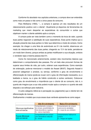 44




      Conforme foi abordado nos capítulos anteriores, a compra deve ser entendida
como mais um passo e não como o único passo do consumo.
      Para McKeena (1993), “... a compra é apenas um dos resultados de um
relacionamento positivo com o cliente”. Atualmente já dispomos de ferramentas do
marketing que visam despertar as expectativas do consumidor e outras que
objetivam manter o cliente satisfeito após a compra.
      A compra pode ser vista também como o momento da troca de valor, quando
duas partes negociam a satisfação de suas expectativas. Esse ponto implica que a
situação presente das duas partes é o fator que determina o modo de compra. Como
exemplo: Ao chegar a uma feira de automóveis as 8 h da manhã, observa-se um
modo de relacionamento das duas partes; chegando as 13 h da tarde, percebe-se
um modo bem diverso, porque ambas as partes modificaram a sua situação, embora
o vendedor seja a mesma pessoa das 8 h.
      Como foi mencionado anteriormente, existem dois movimentos básicos que
determinam o comportamento das pessoas. Por um lado elas procuram formas de
superar seus limites de vida, por outro, ordenar suas experiências. Como exemplo
de ordenação, pode-se mencionar o modelo de Assael (98:67). Segundo Assael é
possível categorizar o produto, ou serviço, conforme o grau de envolvimento e
diferenciação de marca (pode-se cruzar com o grau de informação necessária, ou a
lealdade a marca, ou o grau de hábito construído e outras variáveis). Coloca-se
como grau de envolvimento a importância que o cliente dá ao consumo, isto é, o
quanto ele imagina que a sua vida poderá mudar após a compra e o quanto ele está
disposto a se esforçar para realizá-la.
      A outra categoria refere-se à percepção (ou julgamento) que o cliente tem de
diferenciação de marcas.
Graficamente o modelo que cruza essas duas variáveis apresenta-se como segue:
 