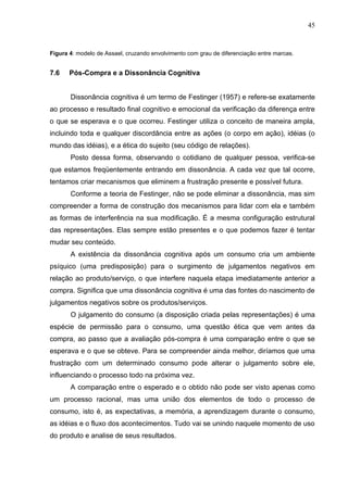 45


Figura 4: modelo de Assael, cruzando envolvimento com grau de diferenciação entre marcas.


7.6    Pós-Compra e a Dissonância Cognitiva


       Dissonância cognitiva é um termo de Festinger (1957) e refere-se exatamente
ao processo e resultado final cognitivo e emocional da verificação da diferença entre
o que se esperava e o que ocorreu. Festinger utiliza o conceito de maneira ampla,
incluindo toda e qualquer discordância entre as ações (o corpo em ação), idéias (o
mundo das idéias), e a ética do sujeito (seu código de relações).
       Posto dessa forma, observando o cotidiano de qualquer pessoa, verifica-se
que estamos freqüentemente entrando em dissonância. A cada vez que tal ocorre,
tentamos criar mecanismos que eliminem a frustração presente e possível futura.
       Conforme a teoria de Festinger, não se pode eliminar a dissonância, mas sim
compreender a forma de construção dos mecanismos para lidar com ela e também
as formas de interferência na sua modificação. É a mesma configuração estrutural
das representações. Elas sempre estão presentes e o que podemos fazer é tentar
mudar seu conteúdo.
       A existência da dissonância cognitiva após um consumo cria um ambiente
psíquico (uma predisposição) para o surgimento de julgamentos negativos em
relação ao produto/serviço, o que interfere naquela etapa imediatamente anterior a
compra. Significa que uma dissonância cognitiva é uma das fontes do nascimento de
julgamentos negativos sobre os produtos/serviços.
       O julgamento do consumo (a disposição criada pelas representações) é uma
espécie de permissão para o consumo, uma questão ética que vem antes da
compra, ao passo que a avaliação pós-compra é uma comparação entre o que se
esperava e o que se obteve. Para se compreender ainda melhor, diríamos que uma
frustração com um determinado consumo pode alterar o julgamento sobre ele,
influenciando o processo todo na próxima vez.
       A comparação entre o esperado e o obtido não pode ser visto apenas como
um processo racional, mas uma união dos elementos de todo o processo de
consumo, isto é, as expectativas, a memória, a aprendizagem durante o consumo,
as idéias e o fluxo dos acontecimentos. Tudo vai se unindo naquele momento de uso
do produto e analise de seus resultados.
 