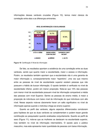 59



informações dessas variáveis cruzadas (Figura 10), temos maior clareza da
correlação entre elas e as diferenças eminentes.



                              NÍVEL DE INFORMAÇÃO X ESCOLARIDADE


                  100         13,5%
                                                21,7%
                    80        16,2%
                                                               57,9%
                    60                          41,3%

                    40        70,3%
                                                               26,3%
                    20                          37%
                                                               15,8%
                     0
                          ATÉ A 8 SÉRIE    ENSINO MÉDIO   SUPERIOR COMP/
                                           COMP/INCOMP       INCOMP

                             BAIXO              MÉDIO           ALTO


Figura 10: Certificação X Nível de informação


       De fato, os resultados apontam a existência de uma correlação entre as duas
variáveis, sendo que quanto maior a escolaridade, maior o acesso à informação.
Porém, os resultados também apontam que a escolaridade não é uma garantia de
maior informação e, conseqüentemente maior “repertório”, uma vez que mesmo
entre as pessoas de nível de escolaridade superior existem pessoas que não
possuem o hábito de buscar informação. O oposto também é verificado no nível de
escolaridade inferior, porém em menor proporção. Nota-se que 14% das pessoas
com menor nível de escolaridade possuem nível de informação comparável a média
das pessoas com nível Superior. Dentre as pessoas de ensino médio, é maior a
proporção de indivíduos com baixo nível de informação do que indivíduos com alto
nível. Nesse aspecto nota-se claramente haver um salto significativo no nível de
informação apenas quando o indivíduo chega ao ensino superior.
       Quanto ao perfil das variáveis, alguns aspectos diferenciados corroboram
para hipótese de que as duas variáveis se complementam e podem trazer grande
contribuição ao pesquisador quando analisadas conjuntamente. Quanto ao perfil de
sexo (Figura 11), nota-se que as mulheres se destacam na escolaridade superior,
mas também no nível de informação intermediário. O oposto para o público
masculino, mas este apresenta maior quantidade de pessoas com baixa informação.
 