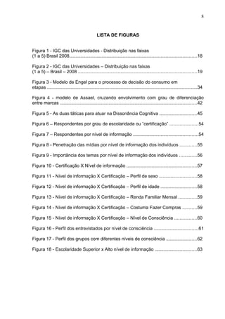 8



                                                LISTA DE FIGURAS


Figura 1 - IGC das Universidades - Distribuição nas faixas
(1 a 5) Brasil 2008.....................................................................................................18

Figura 2 - IGC das Universidades – Distribuição nas faixas
(1 a 5) – Brasil – 2008 ..............................................................................................19

Figura 3 - Modelo de Engel para o processo de decisão do consumo em
etapas ........................................................................................................................34

Figura 4 - modelo de Assael, cruzando envolvimento com grau de diferenciação
entre marcas .............................................................................................................42

Figura 5 - As duas táticas para atuar na Dissonância Cognitiva .............................45

Figura 6 – Respondentes por grau de escolaridade ou “certificação” ......................54

Figura 7 – Respondentes por nível de informação ...................................................54

Figura 8 - Penetração das mídias por nível de informação dos indivíduos .............55

Figura 9 - Importância dos temas por nível de informação dos indivíduos .............56

Figura 10 - Certificação X Nível de informação .......................................................57

Figura 11 - Nível de informação X Certificação – Perfil de sexo .............................58

Figura 12 - Nível de informação X Certificação – Perfil de idade ............................58

Figura 13 - Nível de informação X Certificação – Renda Familiar Mensal ..............59

Figura 14 - Nível de informação X Certificação – Costuma Fazer Compras ...........59

Figura 15 - Nível de informação X Certificação – Nível de Consciência .................60

Figura 16 - Perfil dos entrevistados por nível de consciência ...................................61

Figura 17 - Perfil dos grupos com diferentes níveis de consciência ........................62

Figura 18 - Escolaridade Superior x Alto nível de informação .................................63
 