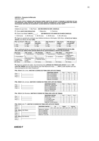 81



USP/ECA – Pesquisa de Mercado
Setembro 2008
POR FAVOR, ESTOU FAZENDO UMA PESQUISA SOBRE HABITO DE LEITURA E CONSUMO E GOSTARIA DE SUA
COLABORAÇÃO. ESSA PESQUISA TEM OBJETIVOS APENAS ACADEMICOS E SUAS INFORMAÇÕES NÃO SERÃO
DIVULGADAS. GOSTARIA DE COLABORAR? LEVARÁ MENOS DE 10 MINUTOS DO SEU TEMPO.
.
Nome: ____________________________________________________________________________
Cidade em que mora:         1. São Paulo     (SE NÃO MORA NA GSP, CANCELE)
F1. Sexo (ANOTE SEM PERGUNTAR):                1. Masculino             2. Feminino
F2. Qual a sua Idade? ANOTE (_____) :                 (SE MENOS DE 18 OU MAIS DE 65 ANOS CANCELE)
1. 18-25 anos        2. 26-35 anos       3. 36-45 anos          4. 46-55 anos           5. 56 a 65 anos
P2. Agora eu gostaria de conhecer seus hábitos de leitura e informação. O(A) Sr(a)...(CITAR P2 NA TABELA
ABAIXO) nos últimos 30 dias? (RU)
P2a. Leu livros? P2b. Leu                P2c. Leu              P2d. Assistiu a        P2e. Ouviu           P2f. Navegou
                 Jornais?                Revistas?             TV?                    Rádio?               na Internet?
1. Sim           1. Sim                  1. Sim                1. Sim                 1. Sim               1. Sim
2. Não           2. Não                  2. Não                2. Não                 2. Não               2. Não

P3. E qual/quais temas ou assuntos o(a) Sr.(a) mais procura/lê no(a)...? (TRANSPORTAR DE P2) (RM)
VER LISTA DE TEMAS PARA DEPOIS MARCAR NO QUESTIONÁRIO O GRUPO RELACIONADO
P3a. livros          P3b. Jornais        P3c. Revistas          P3d. TV             P3e. Rádio           P3f. Internet
1. Científico        1. Especializados   1. Especializados      1. Especializados   1. Especializados    1. Sites
                                                                                                         Especializados
2. Técnico/Macro     2.                  2.                     2. Jornalismo       2. Jornalismo        2. Sites de
                     Macroeconômico      Macroeconômico                                                  Noticia/Jornalismo
3. Literatura e      3. Assuntos         3. Assuntos Gerais                                              3. Assuntos gerais
Conhec. Gerais       Gerais
90. Outros           90. Outros          90. Outros             90. Outros          90. Outros           90. Outros

P4. Agora eu gostaria de saber, dos temas/assuntos (APENAS OS TEMAS DAS LINHAS 1, 2 e 3 – VER
LISTA DE TEMAS) que o(a) Sr(a) afirmou que mais lê/procura no(a) .........(P2=1), quais aqueles que o(a)
Sr(a) acompanha com maior freqüência?
P4a. (P2A=1) Se Livros. ANOTAR O CODIGO DO TEMA (VER LISTA DE TEMAS)
                                                                  MOSTRAR CARTÃO                 P4a 1      P4a 2       P4a 3
P4a 1. (        )________________                                 De 1 a 3 livros/ano              1          1           1
P4a 2. (        )________________                                 De 4 a 6 livros/ano              2          2           2
P4a 3. (        )________________                                 De 7 a 9 livros/ano              3          3           3
                                                                  De 10 a 15 livros/ano            4          4           4
                                                                  Mais de 15 livros/ano            5          5           5

P4b. (P2B=1) Se Jornais. ANOTAR O CODIGO DO TEMA (VER LISTA DE TEMAS):
                                                              MOSTRAR CARTÃO                     P4b 1      P4b 2       P4b 3
P4b 1. (        )________________                             Menos de 1 dia/semana                1          1           1
P4b 2. (        )________________                             De 2 a 3 dias/semana                 2          2           2
P4b 3. (        )________________                             De 4 a 5 dias/semana                 3          3           3
                                                              De 6 a 7 dias/semana                 4          4           4
                                                              Mais de 1 vz ao dia                  5          5           5

P4c. (P2C=1) Se Revistas. ANOTAR O CODIGO DO TEMA (VER LISTA DE TEMAS):
                                                              MOSTRAR CARTÃO                     P4c 1      P4c 2       P4c 3
P4c 1. (        )______________                               Menos de 1 vz/mês                    1          1           1
P4c 2. (        )______________                               1 vz ao mês                          2          2           2
P4c 3. (        )______________                               1 vz a cada 15 dias                  3          3           3
                                                              1 vz por semana                      4          4           4
                                                              Mais de 1 vz por semana              5          5           5
P4d. (P2D=1) Se TV. ANOTAR O CODIGO DO TEMA (VER LISTA DE TEMAS):
P4d 1. ( )___________________
                                   MOSTRAR CARTÃO         TV         Radio                                          Internet
P4d 2. ( )___________________                          d1 d2 d3   e1  e2   e3                                  f1     f2     f3
P4d 3. ( )___________________      Menos de 1 dia/sem   1  1  1    1   1    1                                   1       1     1
P4e. (P2E=1) Se Radio              De 2 a 3 dias/sem    2  2  2    2   2    2                                   2       2     2
P4e 1. ( )___________________      De 4 a 5 dias/sem    3  3  3    3   3    3                                   3       3     3
P4e 2. ( )___________________      De 6 a 7 dias/sem    4  4  4    4   4    4                                   4       4     4
P4e 3. ( )___________________      Mais de 1 vz ao dia  5  5  5    5   5    5                                   5       5     5
P4f. (P2F=1) Se Internet.
P4f 1. ( )____________________
P4f 2. ( )____________________
P4f 3. ( )____________________



ANEXO F
 