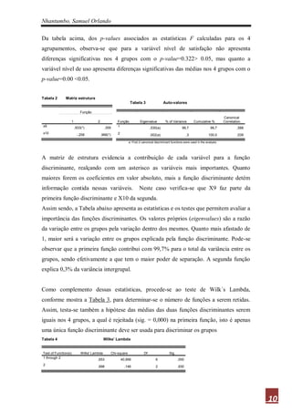 Nhantumbo, Samuel Orlando

Da tabela acima, dos p-values associados as estatísticas F calculadas para os 4
agrupamentos, observa-se que para a variável nível de satisfação não apresenta
diferenças significativas nos 4 grupos com o p-value=0.322> 0.05, mas quanto a
variável nível de uso apresenta diferenças significativas das médias nos 4 grupos com o
p-value=0.00 <0.05.


Tabela 2       Matriz estrutura
                                                                Tabela 3                  Auto-valores

                          Função
                                                                                                                                       Canonical
                  1                 2                 Função            Eigenvalue         % of Variance         Cumulative %          Correlation
x9                    ,933(*)             ,359        1                         ,530(a)                 99,7                  99,7             ,588
x10                    -,258            ,966(*)       2                         ,002(a)                     ,3               100,0             ,039

                                                               a First 2 canonical discriminant functions were used in the analysis.




A matriz de estrutura evidencia a contribuição de cada variável para a função
discriminante, realçando com um asterisco as variáveis mais importantes. Quanto
maiores forem os coeficientes em valor absoluto, mais a função discriminante detém
informação contida nessas variáveis.                                   Neste caso verifica-se que X9 faz parte da
primeira função discriminante e X10 da segunda.
Assim sendo, a Tabela abaixo apresenta as estatísticas e os testes que permitem avaliar a
importância das funções discriminantes. Os valores próprios (eigenvalues) são a razão
da variação entre os grupos pela variação dentro dos mesmos. Quanto mais afastado de
1, maior será a variação entre os grupos explicada pela função discriminante. Pode-se
observar que a primeira função contribui com 99,7% para o total da variância entre os
grupos, sendo efetivamente a que tem o maior poder de separação. A segunda função
explica 0,3% da variância intergrupal.


Como complemento dessas estatísticas, procede-se ao teste de Wilk´s Lambda,
conforme mostra a Tabela 3, para determinar-se o número de funções a serem retidas.
Assim, testa-se também a hipótese das médias das duas funções discriminantes serem
iguais nos 4 grupos, a qual é rejeitada (sig. = 0,000) na primeira função, isto é apenas
uma única função discriminante deve ser usada para discriminar os grupos
Tabela 4                                  Wilks' Lambda


Test of Function(s)       Wilks' Lambda           Chi-square               Df                 Sig.
1 through 2                         ,653                  40,956                    6                ,000
2                                   ,998                    ,146                    2                ,930




                                                                                                                                                      10
 