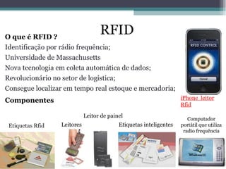 O que é RFID ? Identificação por rádio frequência; Universidade de Massachusetts Nova tecnologia em coleta automática de dados; Revolucionário no setor de logística; Consegue localizar em tempo real estoque e mercadoria; Componentes RFID iPhone  leitor Rfid Etiquetas Rfid Leitores Leitor de painel Etiquetas inteligentes Computador portátil que utiliza radio frequência 