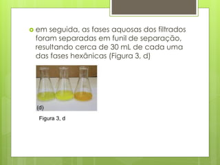  em seguida, as fases aquosas dos filtrados
foram separadas em funil de separação,
resultando cerca de 30 mL de cada uma
das fases hexânicas (Figura 3, d)
Figura 3, d
 