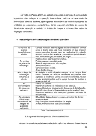 21
Na visão de (Azedo, 2020), as ações Estratégicas de combate à criminalidade
organizada são: reforçar a cooperação internacional, melhorar a capacidade de
prevenção e combate ao crime, aperfeiçoar os mecanismos de coordenação (entre as
entidades de organismos competentes), dando especial prioridade às ações de
fiscalização, detecção e rastreio do tráfico de drogas e combate das redes de
imigração clandestina.
6. Desvantagens dessa tecnologia no sistema judiciário
O impacto do
avanço
tecnológico no
direito.
Com os impactos das inovações desenvolvidas nos últimos
anos, o direito cada vez mais incorpora em sua imagem
esses conceitos. A área vem se modernizando, criando
novos formatos de trabalho e prestando ao jurisdicionado
uma melhor solução aos casos em litígio.
Os pontos
negativos da
tecnologia.
Habilidade de escrita comprometida.
Problemas com a socialização.
Risco à segurança das informações.
Atenção dispersa.
Competitividade tóxica.
Crise de identidade.
A tecnologia da
informação
influencia o
direito.
A inteligência artificial poderá ocupar certos cargos. Pois
serão capazes de realizar atividades recorrentes com
agilidade e eficiência. Como procurar documentos, revisar
e criar procedimentos, entre outras formas de facilitar o
processo judicial.
As
desvantagens
do processo
eletrônico.
Falhas no sistema.
Hackers/Crackers e a necessidade de backup.
Disponibilidade de equipamento de acesso à digitalização.
Resistência cultural e Diversidade do sistema eletrônico.
Processo eletrônico não comporta grandes volumes de
documentos.
As principais
dificuldades
encontradas na
adoção do
processo
eletrônico.
Dificuldade das partes em exercer o princípio do devido
processo legal.
Prejuízos para o contraditório e da ampla.
A instrumentalidade e sua aplicabilidade
Fonte: Próprios autores (2021)
6.1 Algumas desvantagens do processo eletrônico
Apesar da grande expectativa em relação às melhorias, algumas desvantagens
 