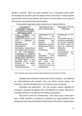 23
opinião é unânime. 100% dos juízes acreditam que a ferramenta pode auxiliar
em situações em que não é possível realizar a oitiva presencial. É o caso de quando
alguma parte mora em local distante, até mesmo em outros países, ou em casos de
processos de réus presos de alta periculosidade.
Embasamento legal para adoção audiências por videoconferência
Lei Federal nº
11.900/2009 e resolução
nº 105/2010 do Conselho
Nacional de Justiça
Resolução 314 do
CNJ, de 20/04/2020
Resolução nº 317 de
30/04/2020
A Lei Federal nº
11.900/2009 alterou o
Código de Processo Penal
(CPP) e autorizou a
utilização de
videoconferência em
interrogatórios,
acareações, depoimentos
e no julgamento de presos
de alta periculosidade.
A resolução nº 105/2010
do Conselho Nacional de
Justiça (CNJ) estabeleceu
as regras quanto a sua
aplicação. Hoje, o CNJ
incentiva o uso deste
procedimento nos
Tribunais pelo país.
A Resolução 314 do
CNJ, de
20/04/2020 trouxe a
previsão das
sessões de
julgamento, inclusive
de processos físicos,
serem feitas
virtualmente.
No caso, os
advogados têm
direito assegurado a
sustentação oral,
que deve ser
requerida com no
mínimo 24 horas de
antecedência.
A Resolução nº 317
de
30/04/2020 autorizou
inclusive a realização
de perícias judiciais
de forma virtual no
caso de processos
referentes a
benefícios
previdenciários por
incapacidade ou
assistências
Fonte: Adaptado pelos autores de https://alliancelogistica.com.br/audiencias-virtuais
Vantagens das audiências virtuais para o Poder Judiciário - As audiências
por videoconferência têm ganhado força nos últimos tempos porque vem
associada a diversos benefícios para os envolvidos e para a sociedade.
Celeridade nos julgamentos - Por não envolver projetos logísticos de
transporte e alocação de agentes para a transferência de presos, este tipo de
tecnologia promove um andamento mais célere aos processos.
Redução de custos com deslocamento - Este, talvez, seja o maior ganho
para o Poder Judiciário na adoção de audiências por videoconferência. Essa
redução de custos esta principalmente relacionada à diminuição no deslocamento
 