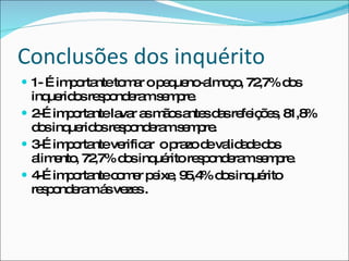 Conclusões dos inquérito 1- É importante tomar o pequeno-almoço, 72,7% dos inqueridos responderam sempre. 2-É importante lavar as mãos antes das refeições, 81,8% dos inqueridos responderam sempre. 3-É importante verificar  o prazo de validade dos alimento, 72,7% dos inquérito responderam sempre. 4-É importante comer peixe, 95,4% dos inquérito responderam ás vezes . 