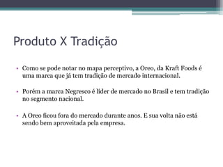 Produto X Tradição
• Como se pode notar no mapa perceptivo, a Oreo, da Kraft Foods é
uma marca que já tem tradição de mercado internacional.
• Porém a marca Negresco é líder de mercado no Brasil e tem tradição
no segmento nacional.
• A Oreo ficou fora do mercado durante anos. E sua volta não está
sendo bem aproveitada pela empresa.
 