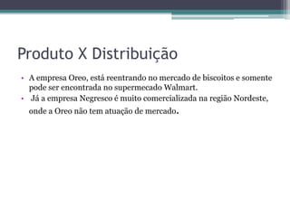 Produto X Distribuição
• A empresa Oreo, está reentrando no mercado de biscoitos e somente
pode ser encontrada no supermecado Walmart.
• Já a empresa Negresco é muito comercializada na região Nordeste,
onde a Oreo não tem atuação de mercado.
 