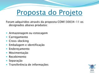 Proposta do Projeto 
Foram adquiridos através da proposta COM130034-11 os 
designados abaixo produtos: 
 Armazenagem ou estocagem 
 Carregamento 
 Cross-docking 
 Embalagem e identificação 
 Endereçamento 
 Movimentação 
 Recebimento 
 Separação 
 Transferência de informações 
 