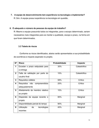 7. A equipe de desenvolvimento tem experiência na tecnologia a implementar?
    R: Sim. A equipe possui experiência na tecnologia em questão.




8. É adequado o número de pessoas da equipe de trabalho?
    R: Mesmo a equipe possuindo todos os integrantes, para o escopo determinado, seriam
    necessários mais integrantes para se manter a qualidade, escopo e prazo, na forma em
    que foram determinados.



         3.3 Tabela de riscos


          Conforme os riscos identificados, abaixo serão apresentados a sua probabilidade
    de ocorrência e impacto esperado no projeto.


    Nº   Risco                                     Probabilidade           Impacto
     1   Exceder o prazo estipulado para               35%               Catastrófico
         a entrega
     2   Falta de validação por parte do               15%               Catastrófico
         usuário final
     3   Requisitos voláteis                           58%                  Crítico
     4   Requisitos não compreendidos                  25%                  Crítico
         adequadamente
     5   Afastamento de membro relativo                15%                  Crítico
         ao projeto
     6   Dispersão da equipe durante o                 95%                 Marginal
         projeto
     7   Disponibilidade parcial do tempo              90%                 Marginal
     8   Utilização      de     tecnologias            45%                 Marginal
         recentes



                                                                                        14
 