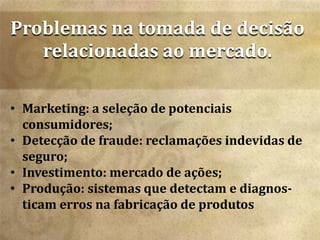 Problemas na tomada de decisão
relacionadas ao mercado.
• Marketing: a seleção de potenciais
consumidores;
• Detecção de fraude: reclamações indevidas de
seguro;
• Investimento: mercado de ações;
• Produção: sistemas que detectam e diagnos-
ticam erros na fabricação de produtos
 