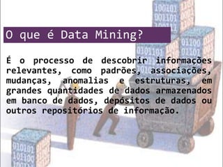 O que é Data Mining?
É o processo de descobrir informações
relevantes, como padrões, associações,
mudanças, anomalias e estruturas, em
grandes quantidades de dados armazenados
em banco de dados, depósitos de dados ou
outros repositórios de informação.
 