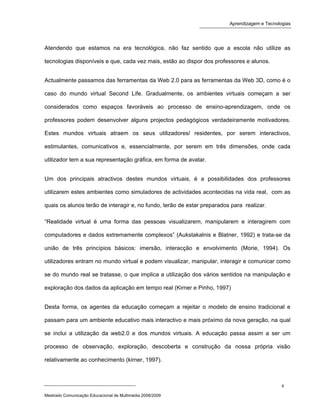 Second life e as aprendizagens