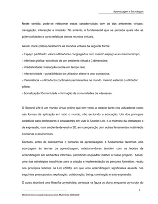 Second life e as aprendizagens