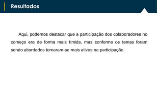 Resultados
Aqui, podemos destacar que a participação dos colaboradores no
começo era de forma mais tímida, mas conforme os temas foram
sendo abordados tornaram-se mais ativos na participação.
 
